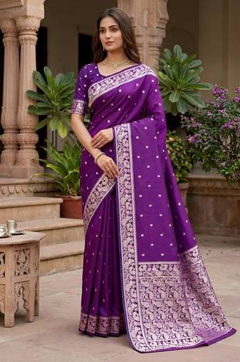 Purple color silk blend zari weaving sarees