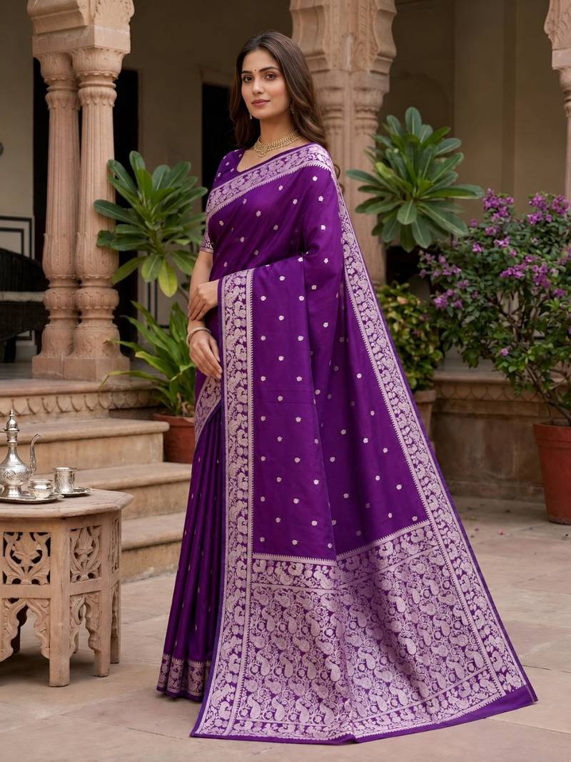 Purple color silk blend zari weaving sarees