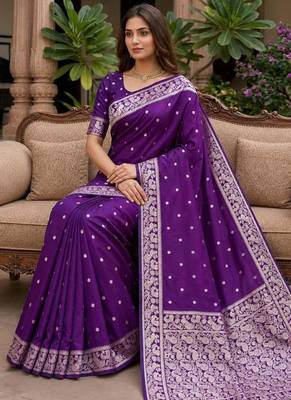 Purple color silk blend zari weaving sarees 4