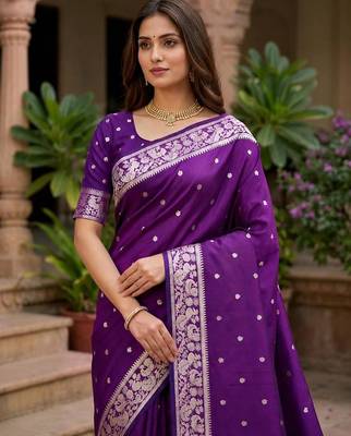 Purple color silk blend zari weaving sarees 5