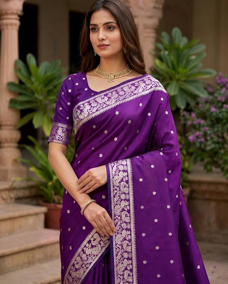 Purple color silk blend zari weaving sarees