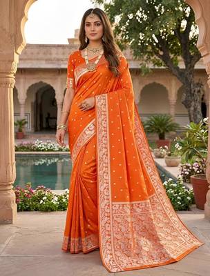 Orange color silk blend zari weaving sarees 1
