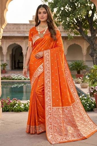 Orange color silk blend zari weaving sarees