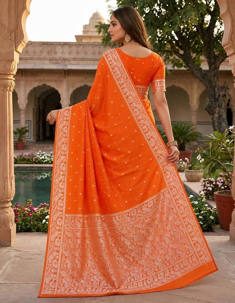 Orange color silk blend zari weaving sarees