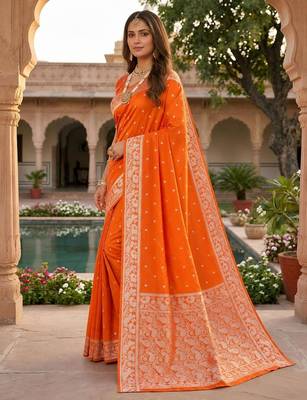 Orange color silk blend zari weaving sarees 3