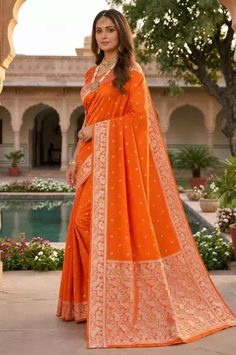 Orange color silk blend zari weaving sarees