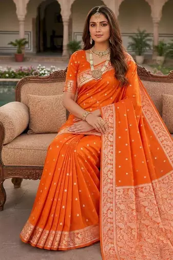 Orange color silk blend zari weaving sarees
