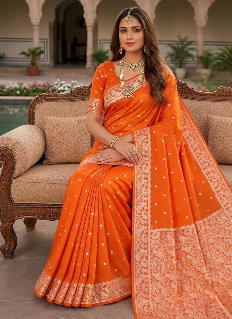 Orange color silk blend zari weaving sarees
