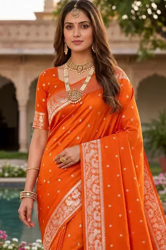 Orange color silk blend zari weaving sarees