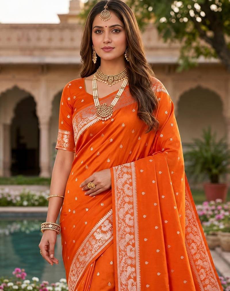 Orange color silk blend zari weaving sarees