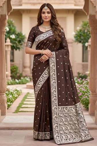 Brown color silk blend zari weaving sarees