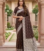 Brown color silk blend zari weaving sarees
