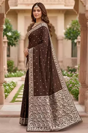 Brown color silk blend zari weaving sarees