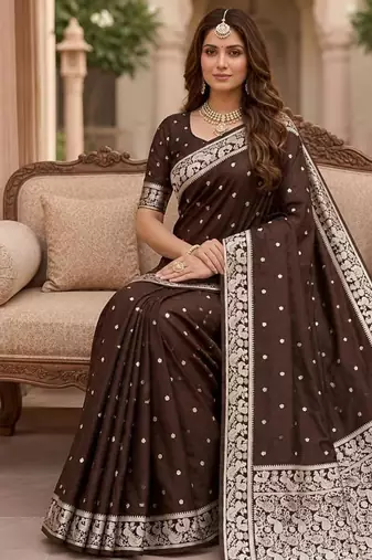 Brown color silk blend zari weaving sarees
