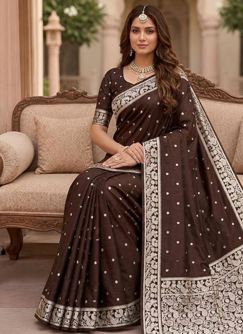 Brown color silk blend zari weaving sarees
