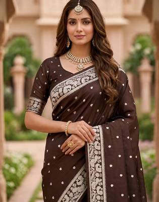Brown color silk blend zari weaving sarees 5