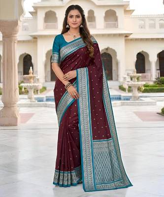 Wine color silk blend zari butti weaving sarees 1