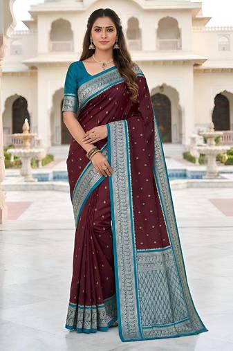 Wine color silk blend zari butti weaving sarees