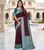 Wine color silk blend zari butti weaving sarees