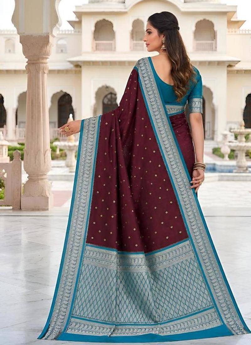 Wine color silk blend zari butti weaving sarees