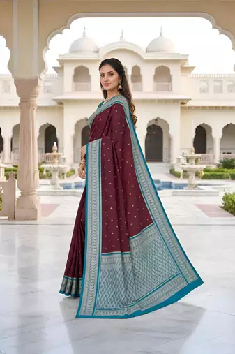 Wine color silk blend zari butti weaving sarees