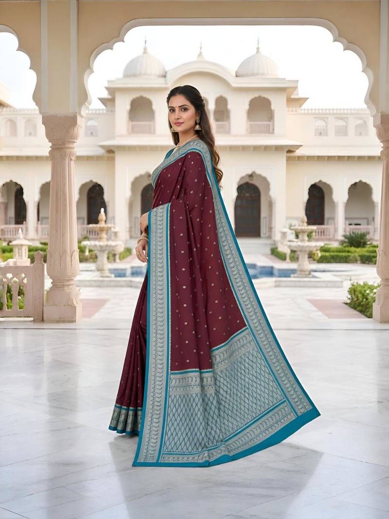 Wine color silk blend zari butti weaving sarees