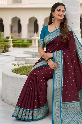 Wine color silk blend zari butti weaving sarees
