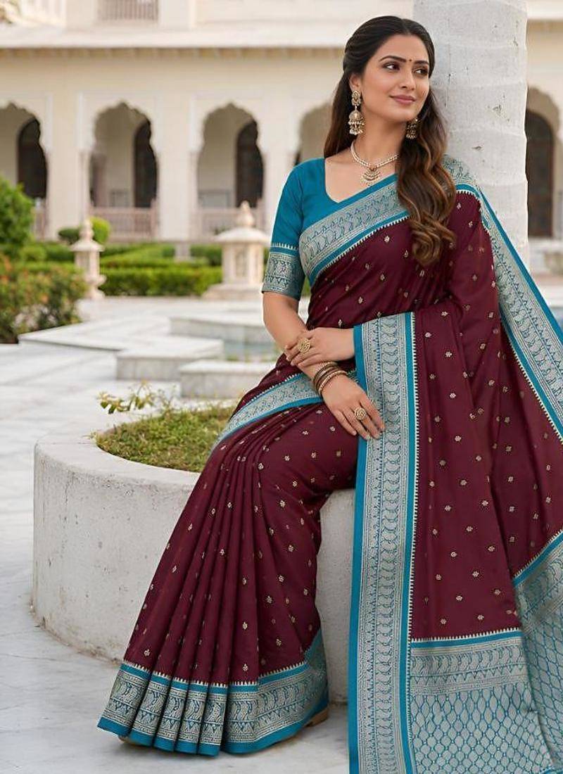 Wine color silk blend zari butti weaving sarees