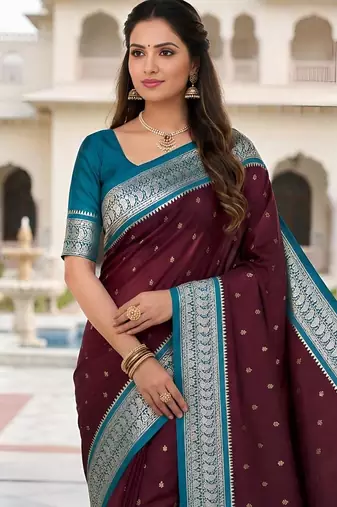 Wine color silk blend zari butti weaving sarees