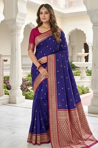 Blue color silk blend zari butti weaving sarees