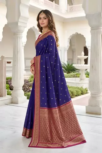 Blue color silk blend zari butti weaving sarees