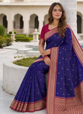Blue color silk blend zari butti weaving sarees 4