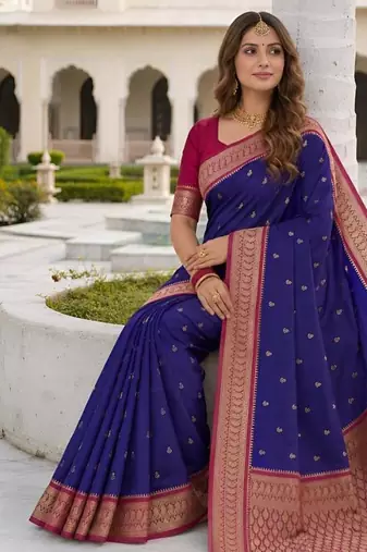 Blue color silk blend zari butti weaving sarees