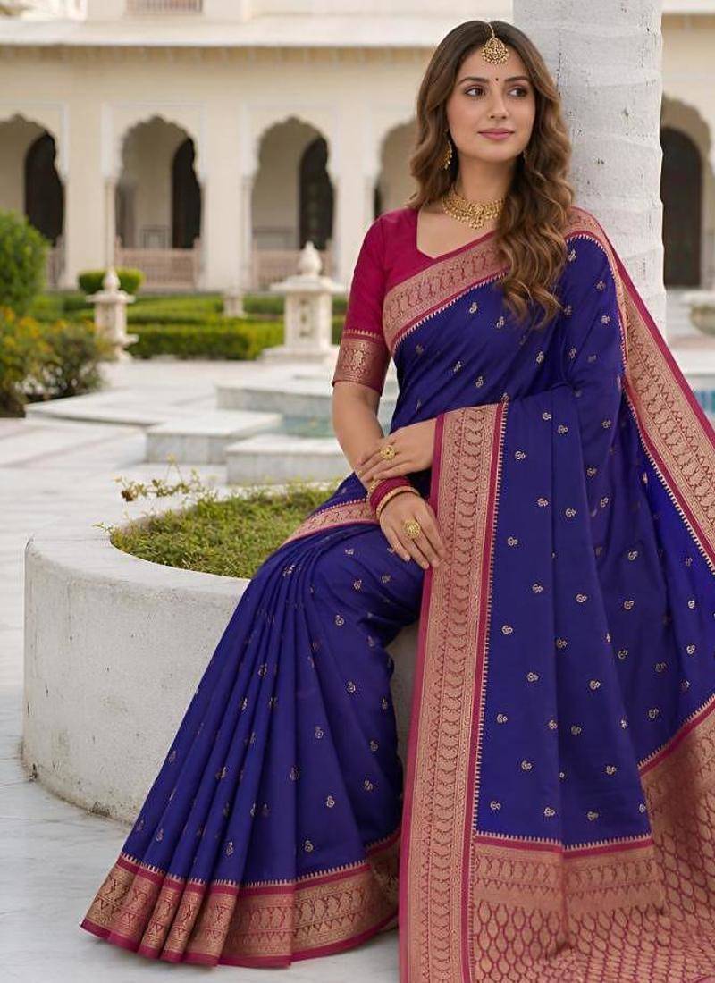 Blue color silk blend zari butti weaving sarees