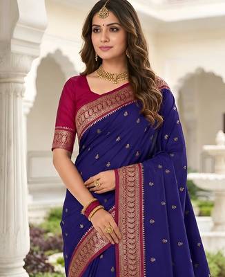 Blue color silk blend zari butti weaving sarees 5