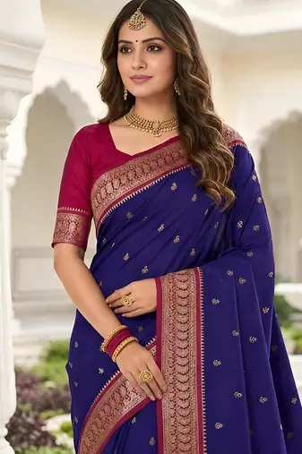 Blue color silk blend zari butti weaving sarees