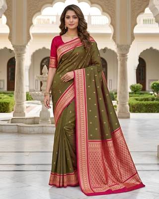 Mehendi color silk blend zari butti weaving sarees 1