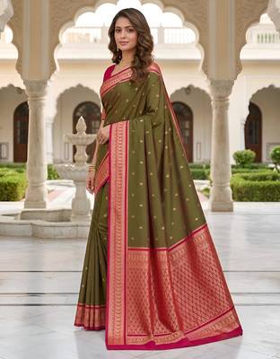 Mehendi color silk blend zari butti weaving sarees 3