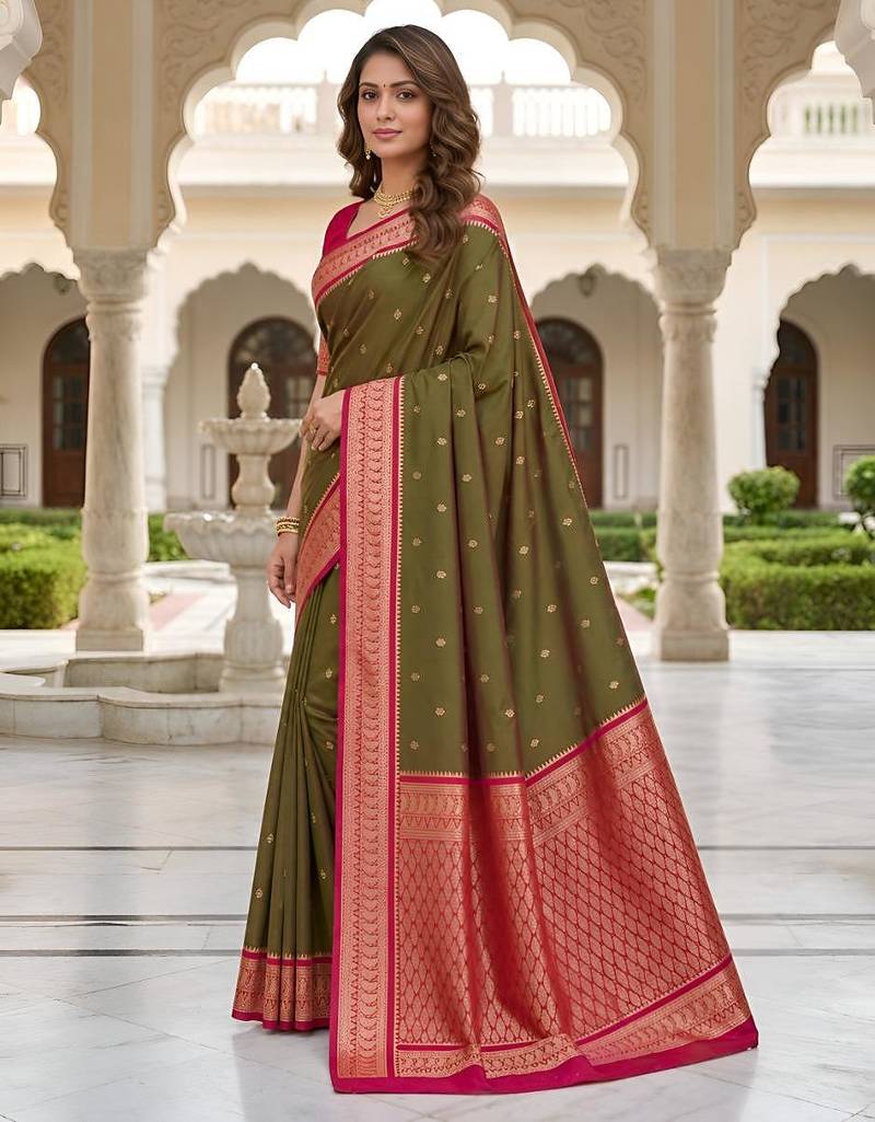 Mehendi color silk blend zari butti weaving sarees
