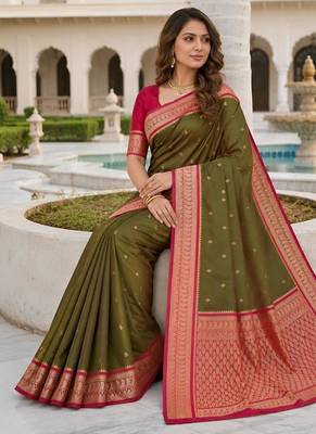 Mehendi color silk blend zari butti weaving sarees 4