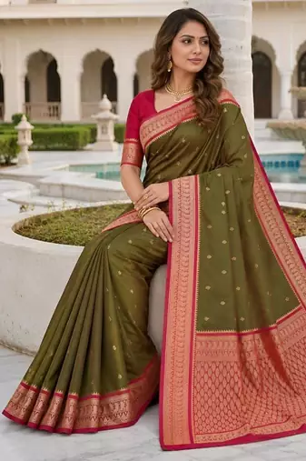 Mehendi color silk blend zari butti weaving sarees
