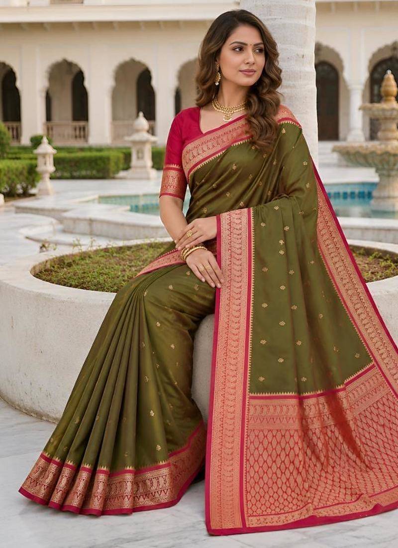 Mehendi color silk blend zari butti weaving sarees