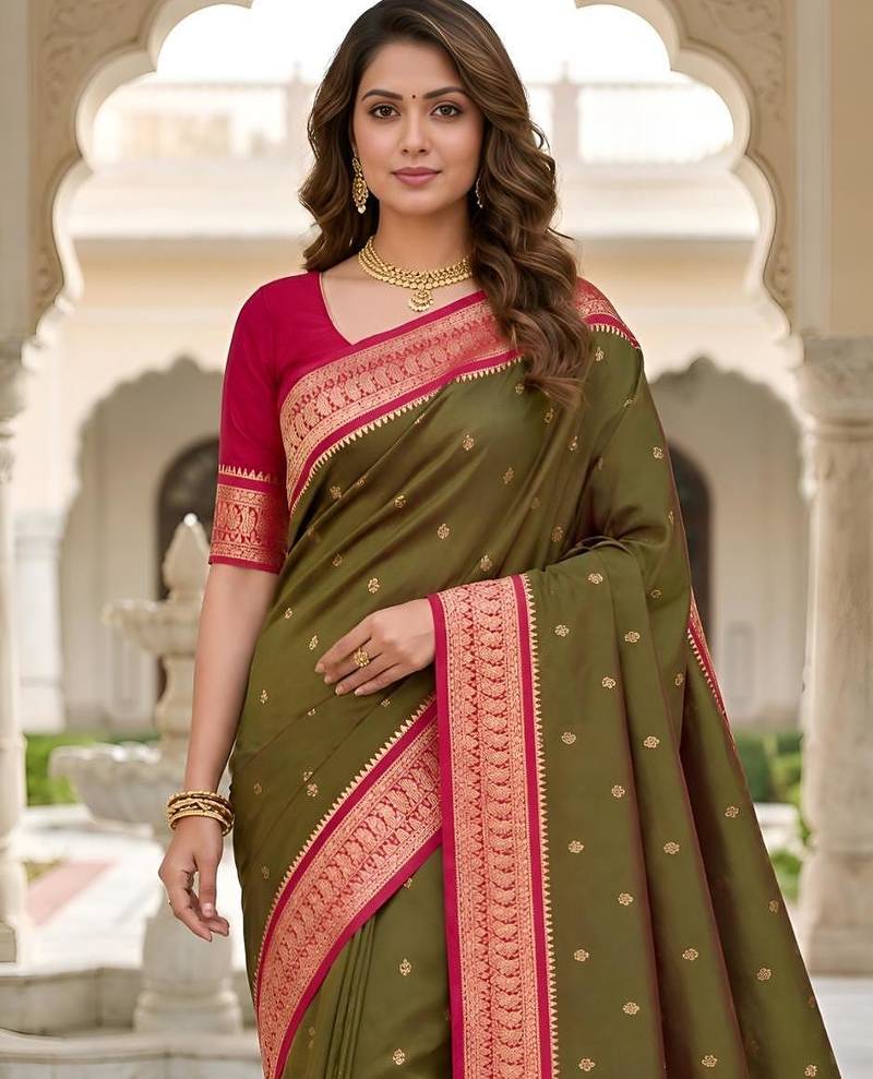 Mehendi color silk blend zari butti weaving sarees