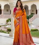 Orange color silk blend zari butti weaving sarees