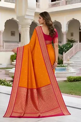 Orange color silk blend zari butti weaving sarees