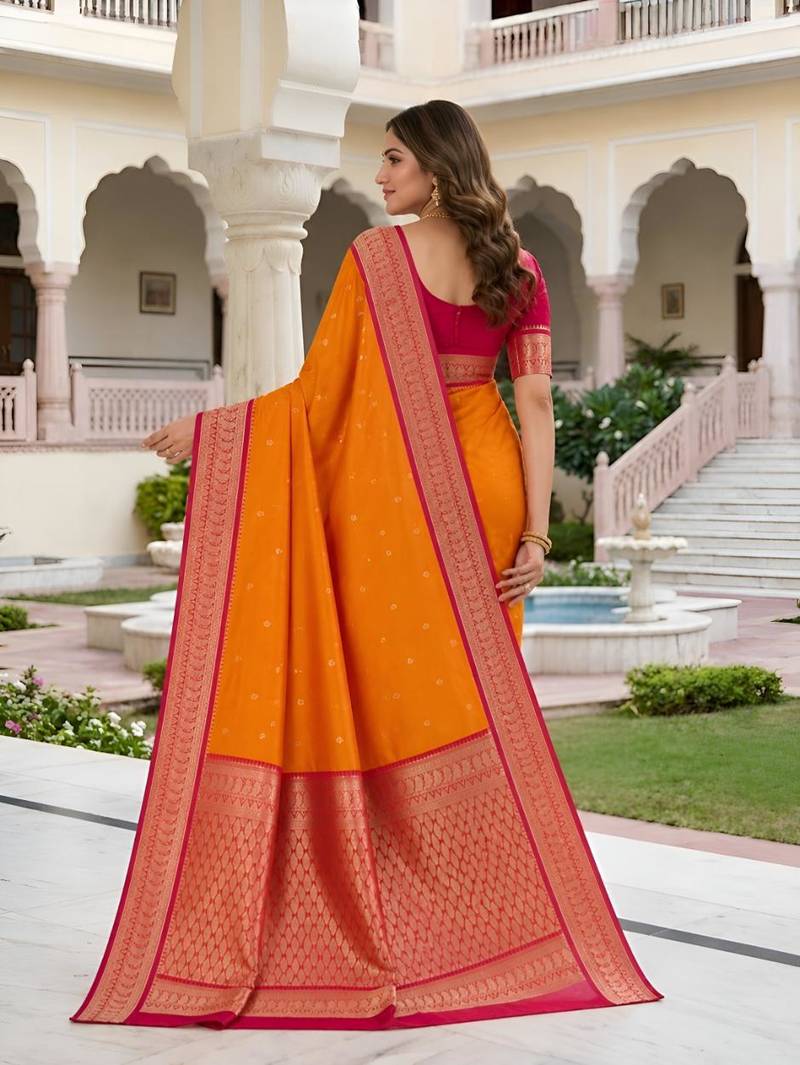 Orange color silk blend zari butti weaving sarees