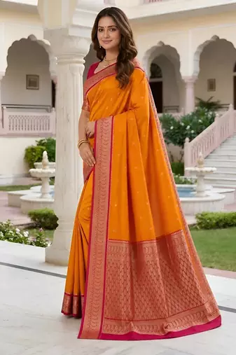 Orange color silk blend zari butti weaving sarees