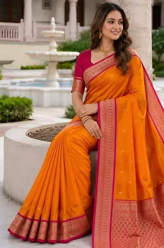 Orange color silk blend zari butti weaving sarees