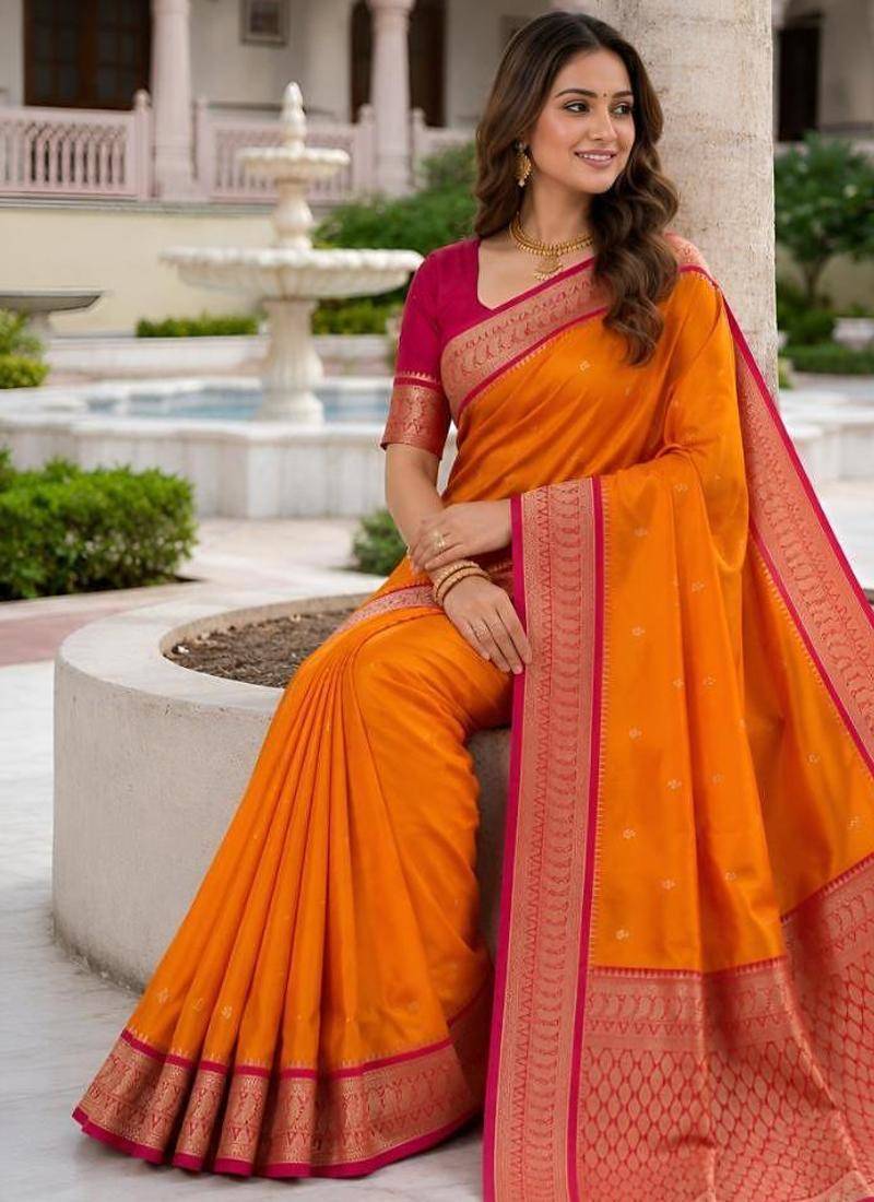 Orange color silk blend zari butti weaving sarees
