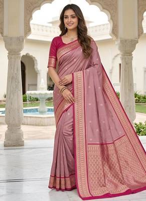 Peach color silk blend zari butti weaving sarees 1